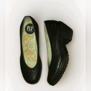 FLY London Black Leather Low Block Heel Pumps